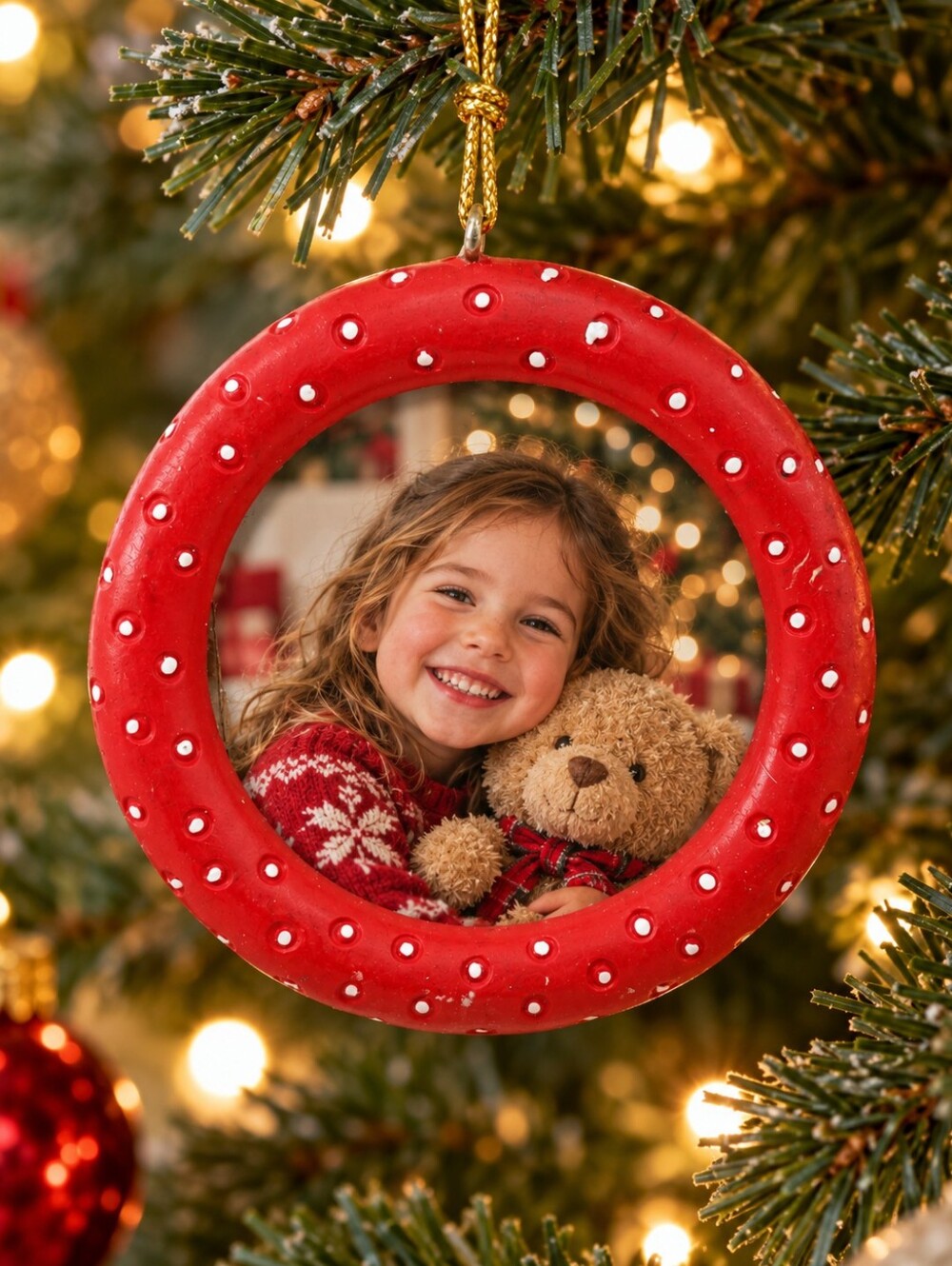 Red White Polka Dot Mini Round Photo Frame Ornament 3"